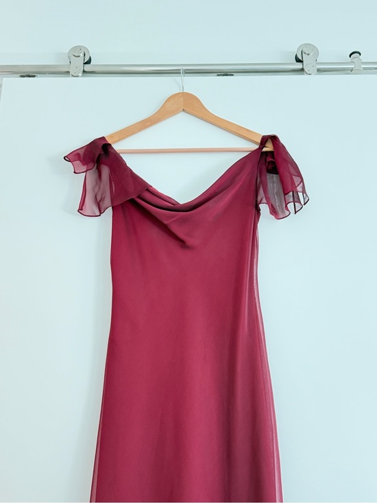 Dresses & Skirts - One-Shoulder Burgundy Evening Gown with Sheer Flutter Sleeve